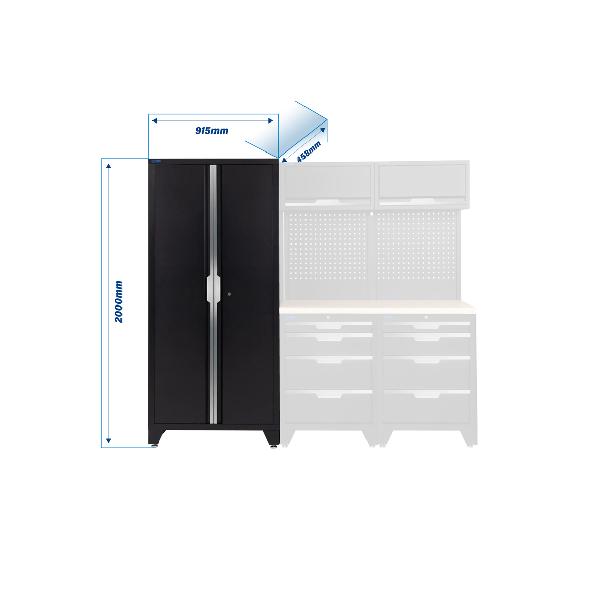 SGS 7pc Garage Storage System | 8 Drawers | Pressed Wood Worktop | 2x Upper Cabinets | Tall Double Cabinet